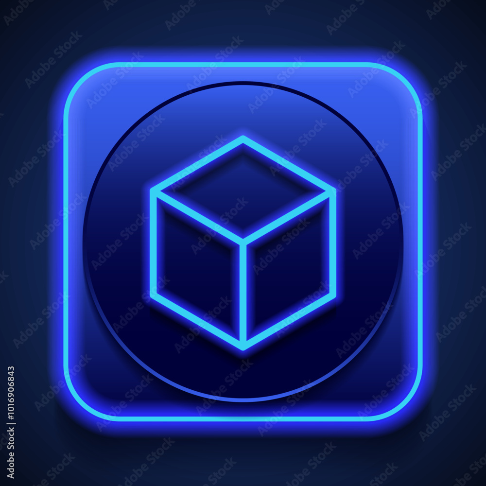 Poster cube simple icon. flat design. blue neon style on button. with shadow