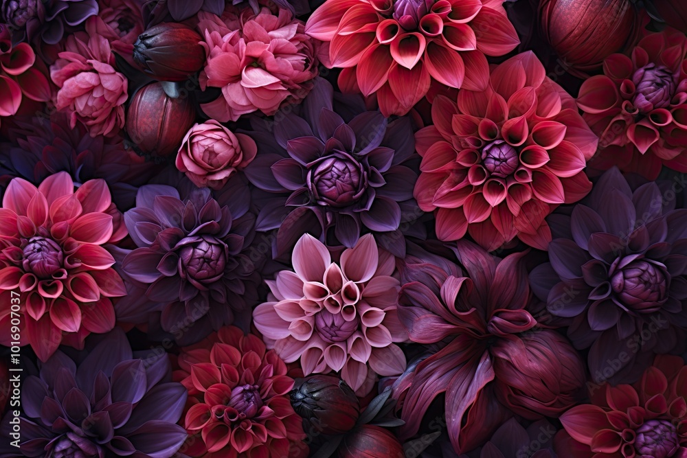 Aufkleber a captivating arrangement of flowers showcasing deep red and purple hues, creating a rich tapestry o
