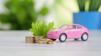 Pink Car with Coins and Plant