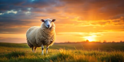 Fototapeta premium Minimalist brown sheep, white sheep, field, sunset