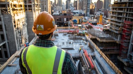 Fototapeta premium Engineer in safety gear and helmet inspecting construction progress at a high-rise site with visible construction equipment