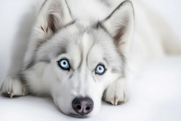 Obraz premium A white dog with blue eyes is laying on a white surface