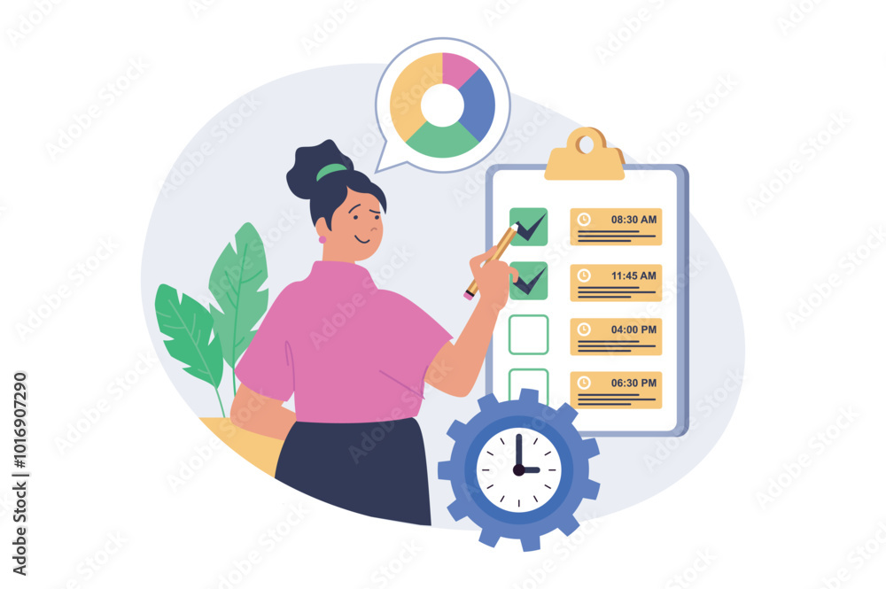 Poster time management concept in modern flat design for web. woman using tasks schedule, ticking in list, 