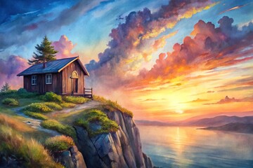 Minimalist cabin on cliff overlooking colorful sunset landscape, watercolor painting art