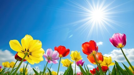 Obraz premium Vibrant Tulips Under Bright Sunlight in Clear Sky