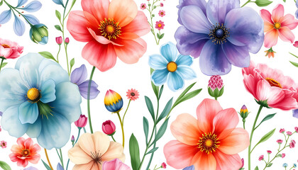 Fototapeta premium Watercolor wild flowers pattern isolated with white highlights, png