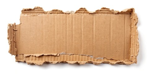 Minimalist cardboard box piece with torn edges and paper isolated on white background