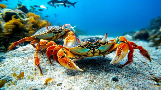 Brightly colored crabs can be seen roaming among vibrant coral formations in the clear waters