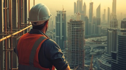Fototapeta premium Engineer wearing a hard hat and safety gear, supervising the construction of a high-rise building from a site office