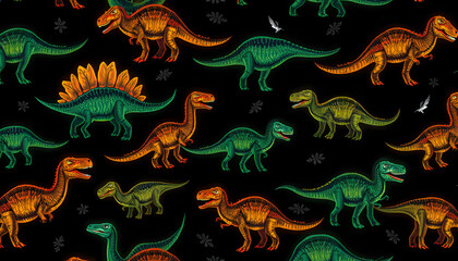 seamless pattern with dinosaurs isolated with white highlights, png