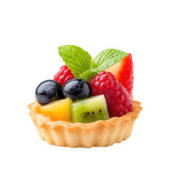 Delicious fruit tart with assorted fresh fruits, white isolate background. Transparent background.
