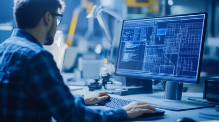 Engineer working on a mechanical design with a focus on mathematical calculations and simulations displayed on a computer