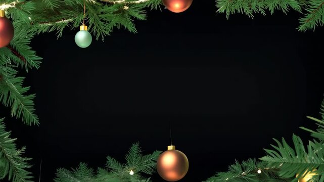 Beautiful arranged border of pine tree branches frames black isolated background. Hanging ornaments in gold, green. Holiday spirit. Seasonal promotion, ad greeting card. Christmas season greeting card