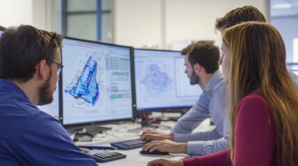 Engineering team working on a project, with a focus on mathematical models and simulations on computer screens
