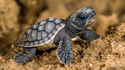 Fototapeta premium Young Turtle Crawling on Sandy Surface