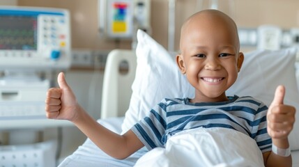 Smiling bald child with cancer giving thumbs up in a hospital bed
