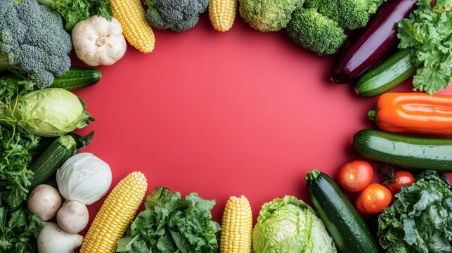 A variety of fresh vegetables surround a central space, showcasing green leafy options, bright bell peppers, and vibrant corn, perfect for World Vegan Day festivities