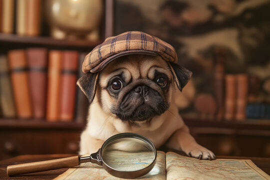 A small dog wearing a hat and looking at a book