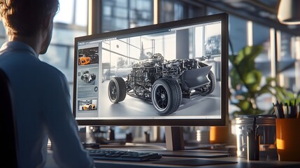 picture in a sunny day in a modern office of a pc screen with a video traing course in it with technical images of a car engine and a person looking at it taken from back