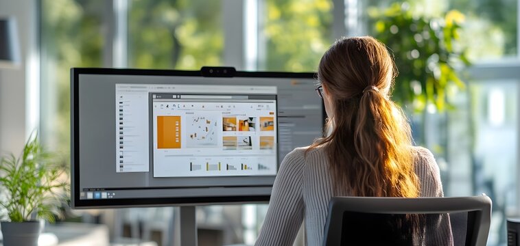 picture taken from back in a sunny day in a modern office of a person in front of a pc screen with a training video course with powerpoint slides