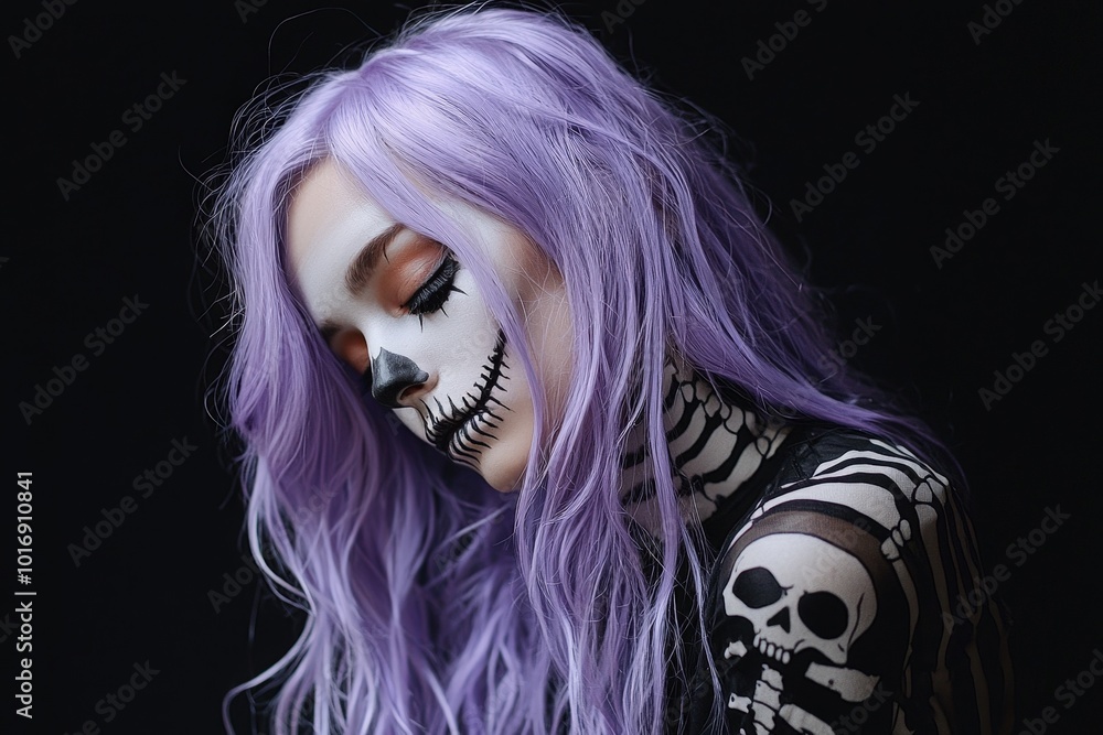 Sticker A young woman with vibrant purple hair displays intricate skeleton face and body makeup, highlighting her artistic talent during Halloween festivities