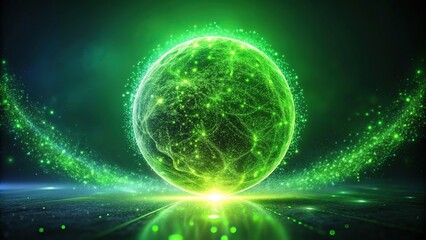 Obraz premium Abstract green energy sphere of particles and waves of magical glowing on a dark background