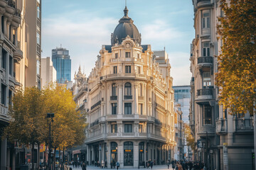 Obraz premium A striking blend of historic architecture and contemporary design in a vibrant urban setting during golden hour