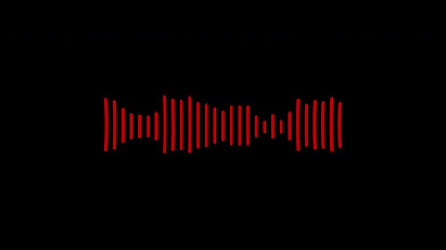 Abstract red on black sound waves background. Audio waves equalizer, voice, and speech recording. Sound line graph. 911 call visualization, voice waveform. Police radio voice, emergency call recording