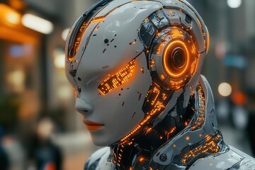 futuristic female android with lifelike features subtle metallic sheen and glowing circuits embodying the fusion of humanity and ai