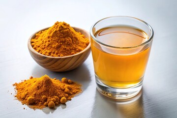 Minimalist composition of turmeric water and powder on white background