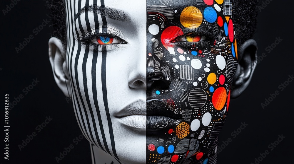 Leinwandbilder a model poses with half of their face painted in black and white geometric patterns, while the other
