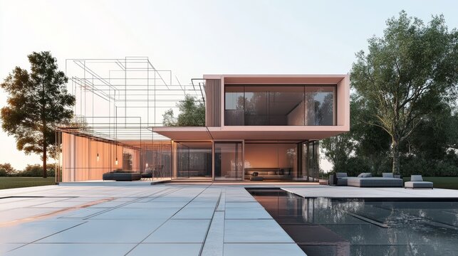 Sketch design and drafting of wireframe of building a modern house becoming real. 3d illustration, Digital project visualization