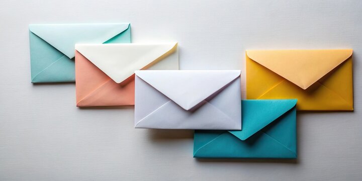 Minimalist composition with white and colored envelopes on the table
