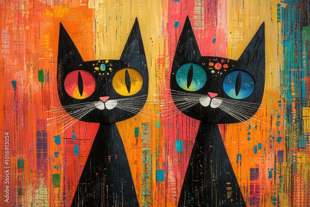 Aufkleber the artwork features two stylized black cats with strikingly colorful eyes, set against an abstract 