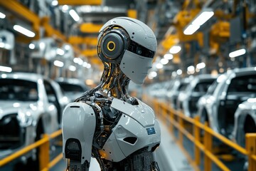 Fototapeta premium A humanoid robot is prominently featured within a cutting-edge automotive manufacturing facility, surrounded by assembled vehicles in a bustling environment