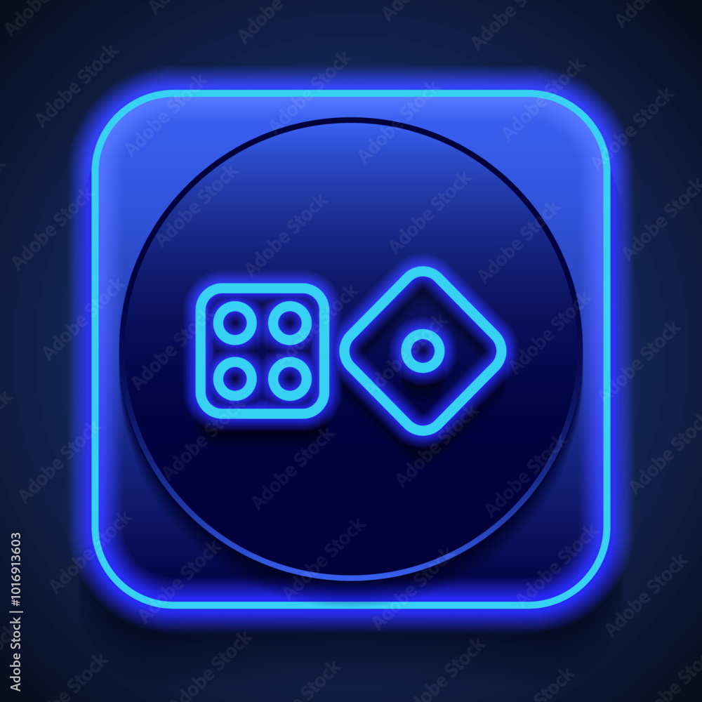 Poster dices simple icon vector. flat design. blue neon style on button. with shadow