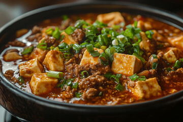 A steaming bowl of Mapo Tofu from Sichuan, rich with spices, served with tender tofu and topped with fresh scallions, perfect for a cozy dinner