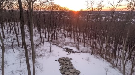 Serene Winter Sunset Along a Snowy Forest Path