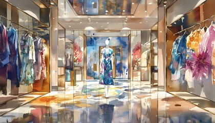 Obraz premium A vibrant and stylish boutique showcasing a collection of colorful dresses, reflecting luxury and modern fashion.