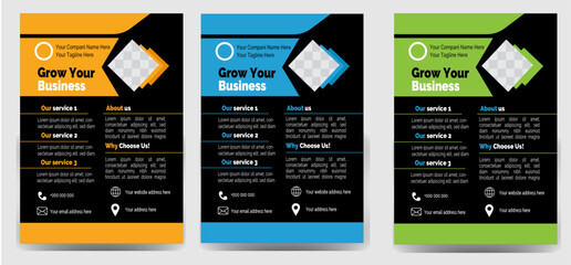 Modern flyer design vector template template design set with blue geometric shapes , magenta, red and yellow color. 
