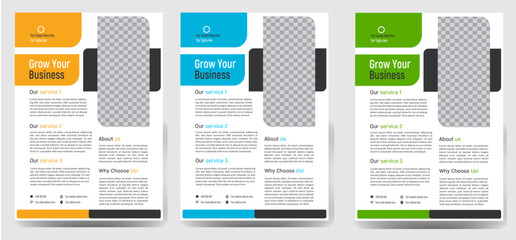 Modern flyer design vector template business flyer template design set with blue geometric shapes , magenta, red and yellow color. 
