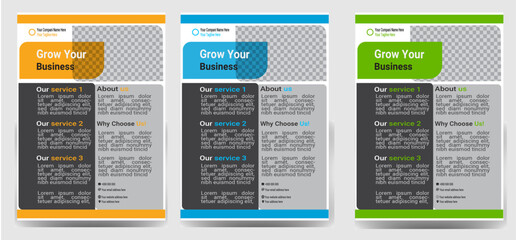 Modern flyer design vector template template design set with blue geometric shapes , magenta, red and yellow color. 
