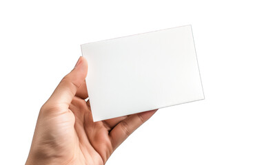 Hand holding blank white card isolated on white background. Business card or invitation card mockup for branding and presentation.