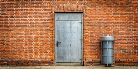 Minimalist design of a riveted steel door against a brick wall of the water tower in Bedzin, Poland
