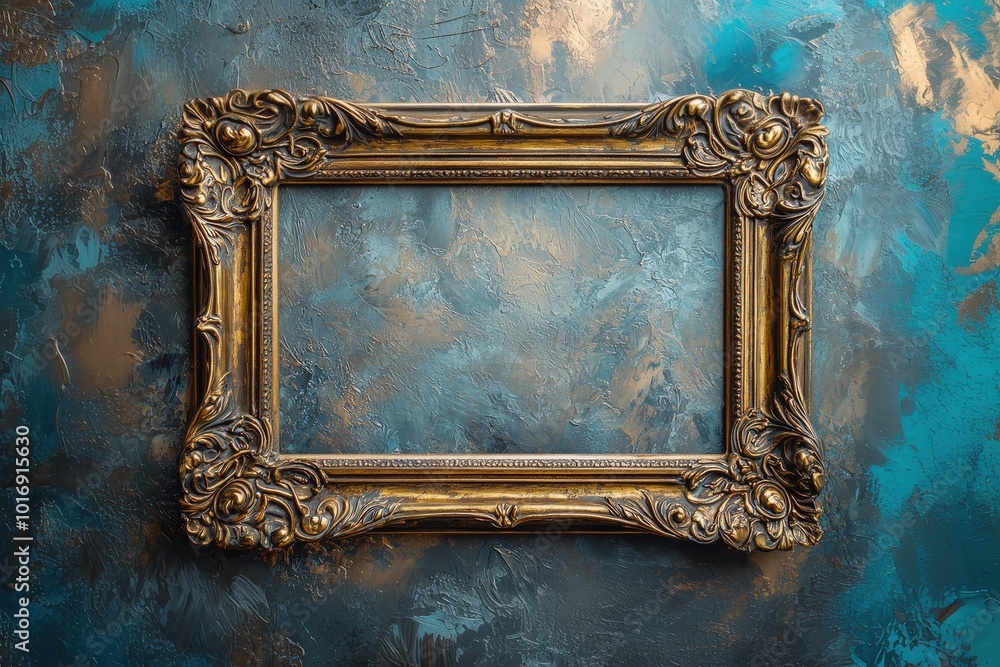 Poster a beautifully detailed vintage frame is positioned against a vibrant turquoise and gold abstract bac