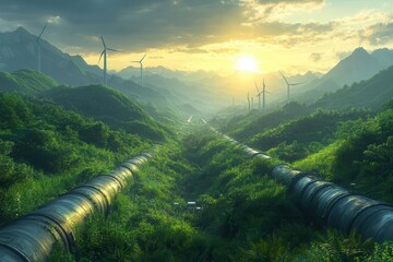 futuristic green hydrogen production facility sleek pipelines solar panels wind turbines lush green landscape clean energy visualization soft sunlight glow