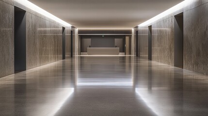 Obraz premium Long, empty hallway in modern office building with grey marble walls and bright lights
