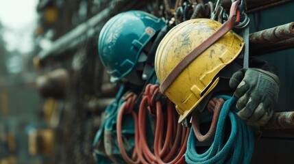 Safety gear prominently featured in a construction site environment, including helmets, harnesses, and gloves