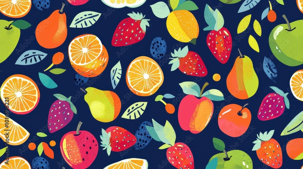 Poster a lively pattern displays a variety of fruits including oranges, strawberries, apples, and pears ove