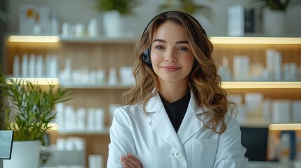 A consultant stands confidently in a well-lit beauty store, wearing a white coat and headphones, ready to assist customers with skincare advice and product inquiries